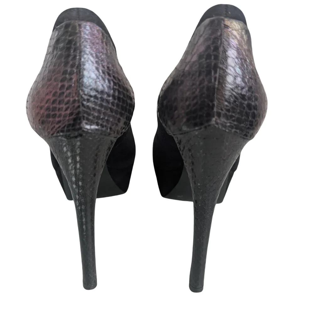 Brian Atwood Black Suede Snake Print Platform Pumps Heels Size 9 Designer Luxury
